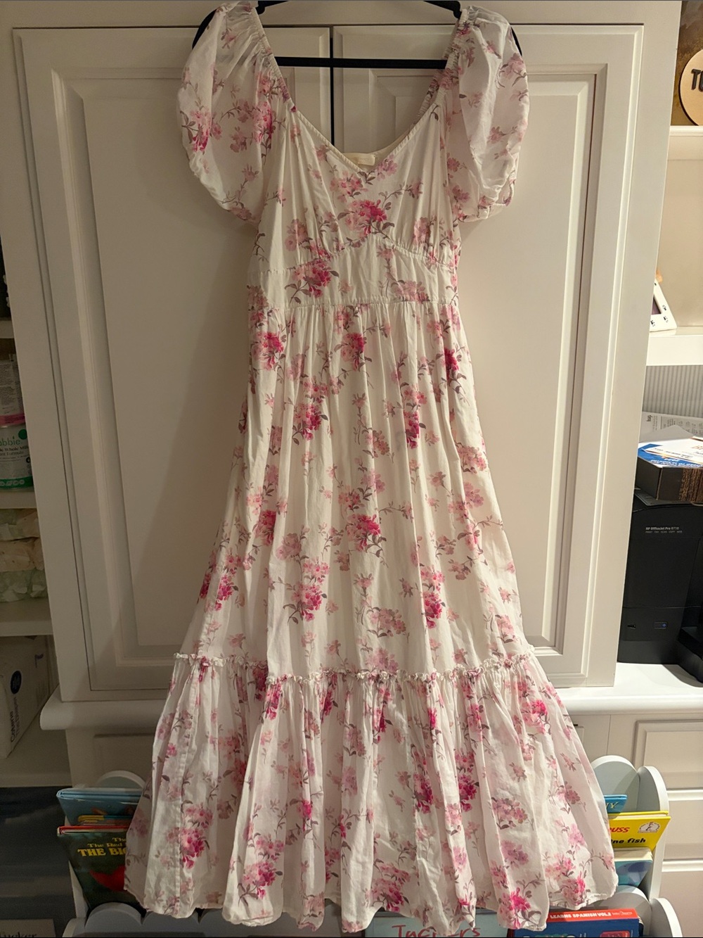 LoveShackFancy- White Floral Maxi Dress with Pink Blossom Print